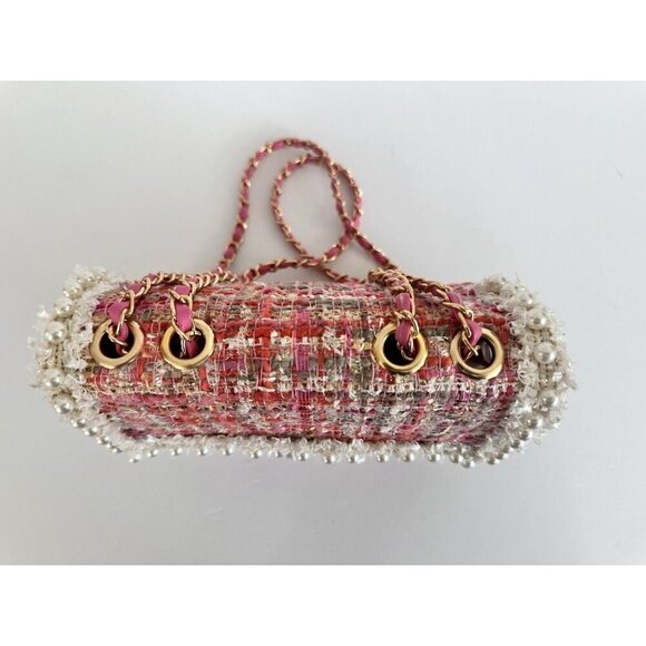 Women’s Chain‎ Pearl Pink Tweed Crossbody Bag Satchel Barbie Princess Coquette - Picture 4 of 13